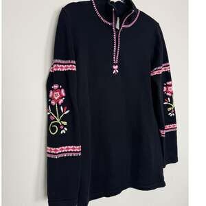 Hanna Andersson Sweater Womens Small Black 1/4 Zip Floral Preppy